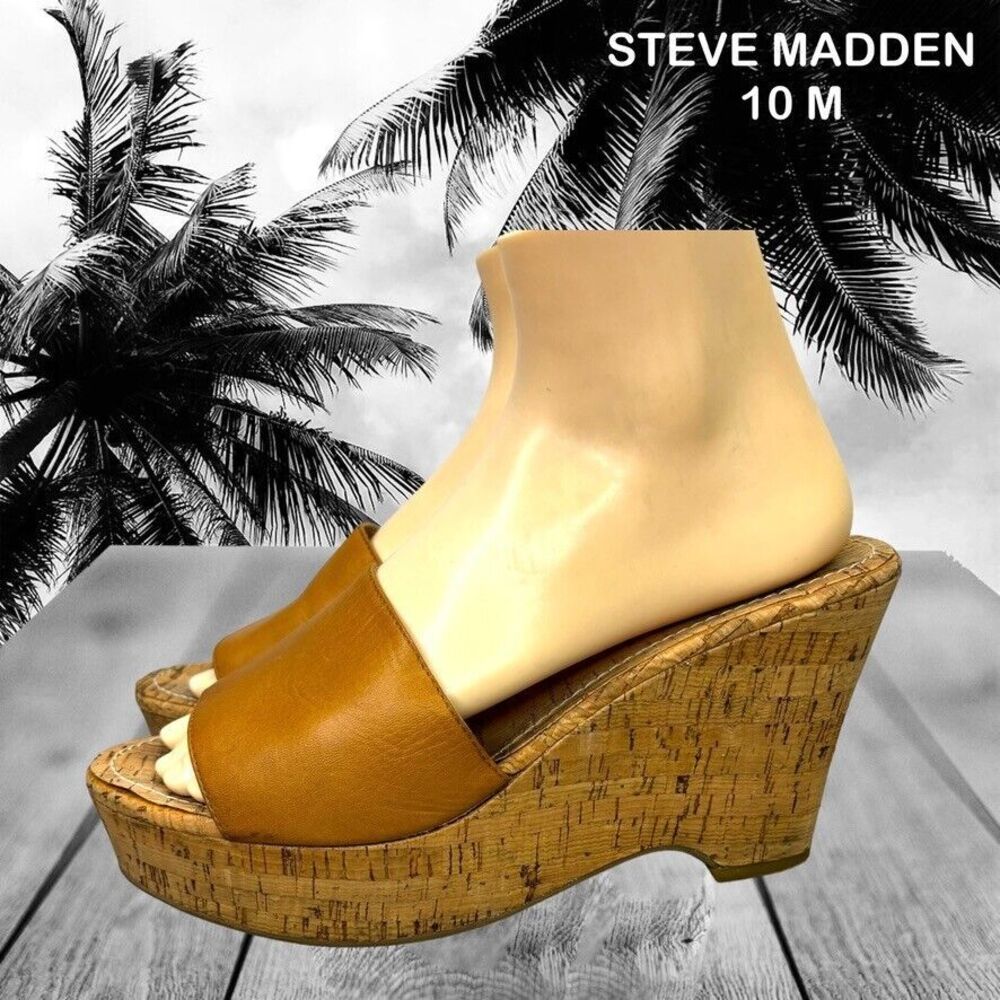 Steve Madden Surg Tan Leather Platform Wedge Open Toe Sandal Womens Size 10 M